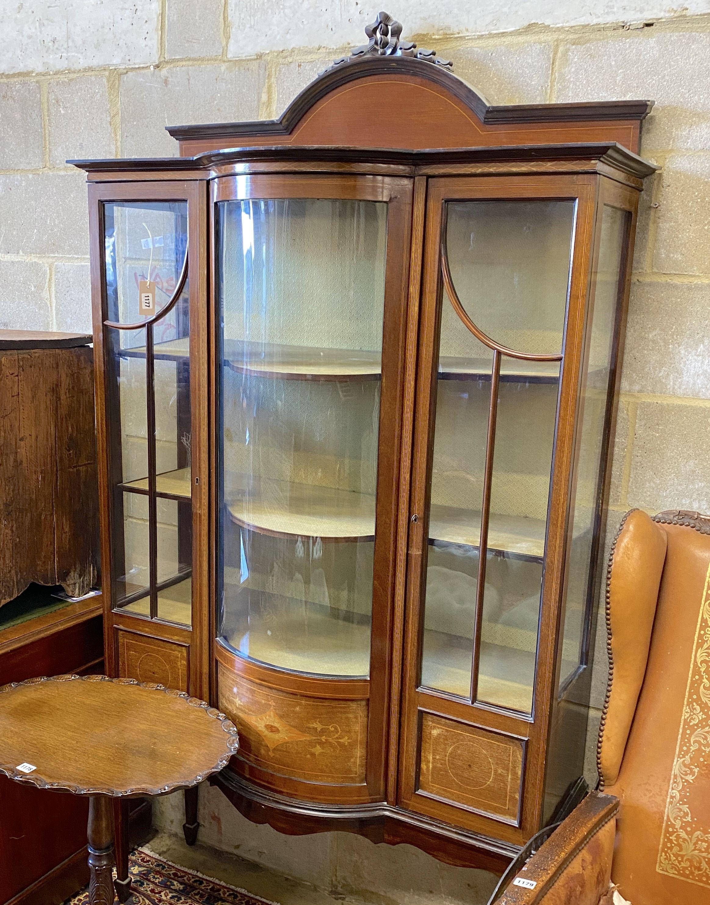An Edwardian inlaid mahogany bow front display cabinet, width 105cm, depth 46cm, height 208cm